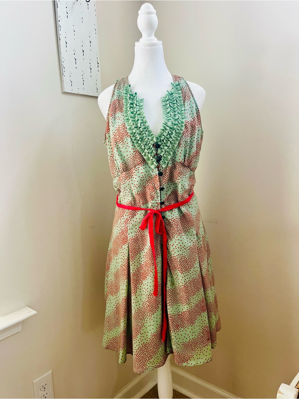 NICK & MO Sleeveless Ruffle-Trim Polka Dot Midi Dress in Mint with Red Tie;SizeL